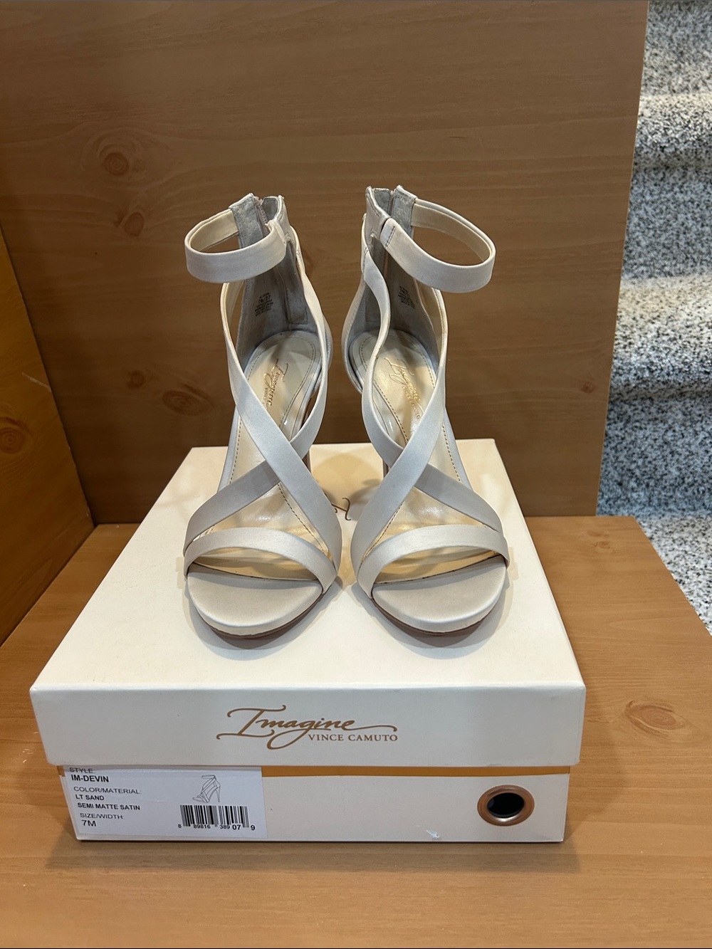 Vince Camuto Devyn Strappy Ankle-Wrap Heels in Light Beige Satin